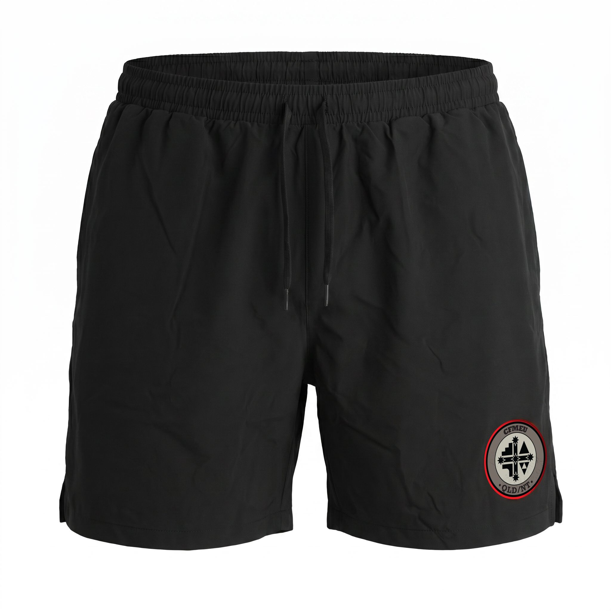 Black athletic shorts with an elastic waistband and a circular badge on the right leg.