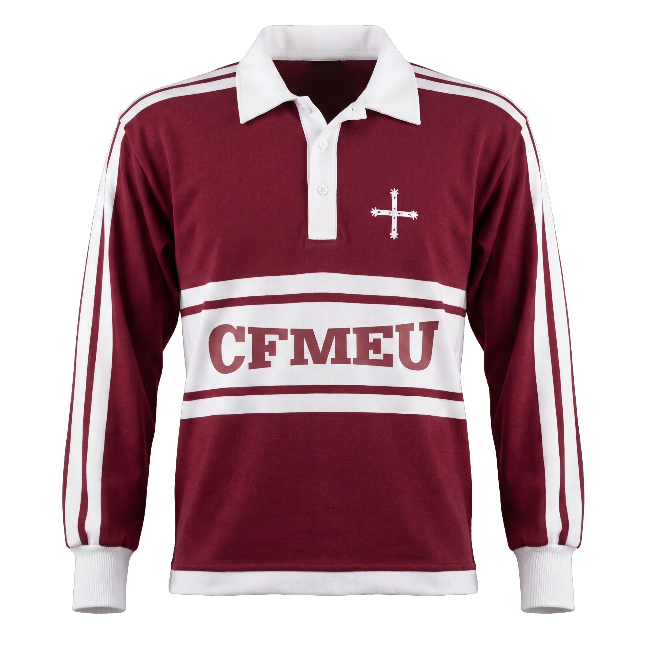 Maroon rugby shirt with white collar and stripes, small white cross emblem on the left chest area.