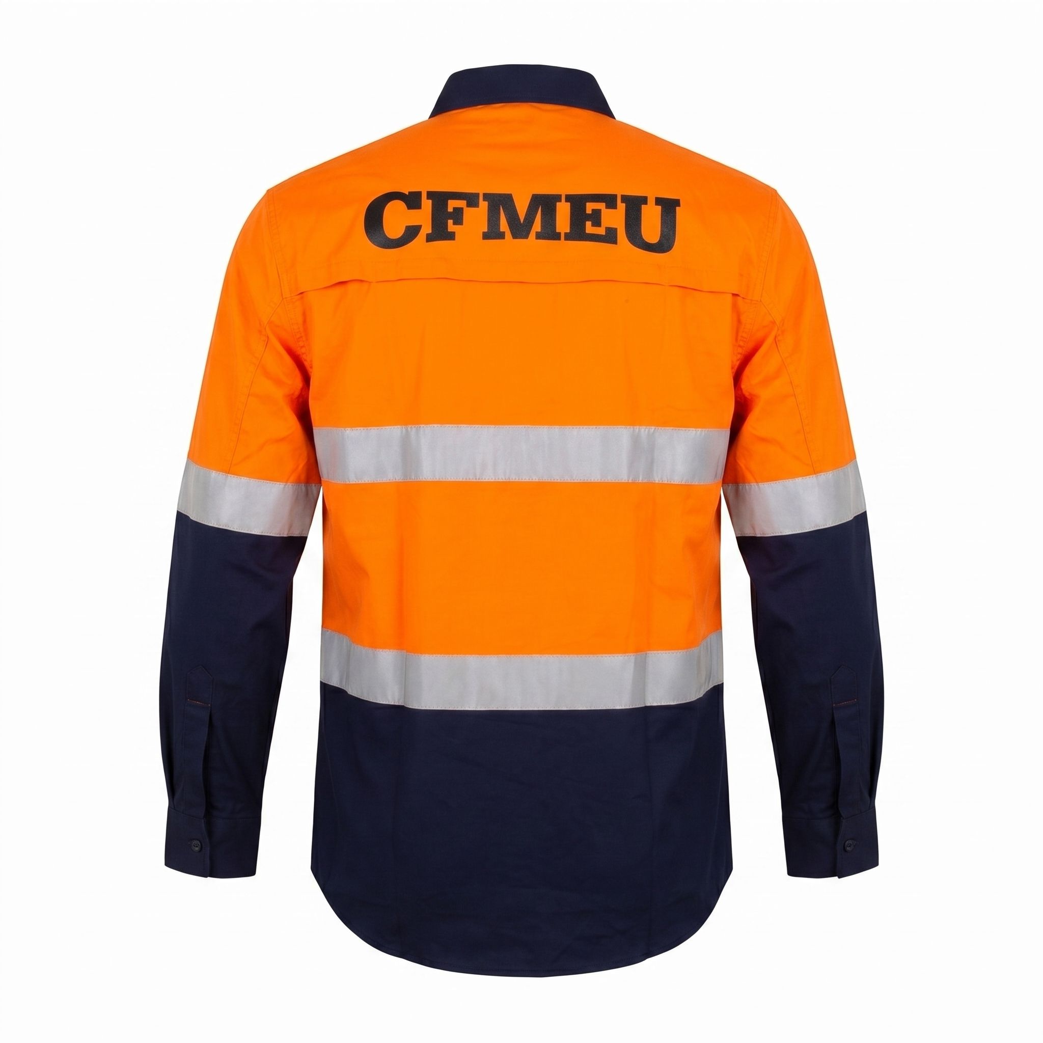 Back view of a bright orange high-visibility jacket with reflective gray stripes and navy sleeves; 'CFMEU' printed on the back.