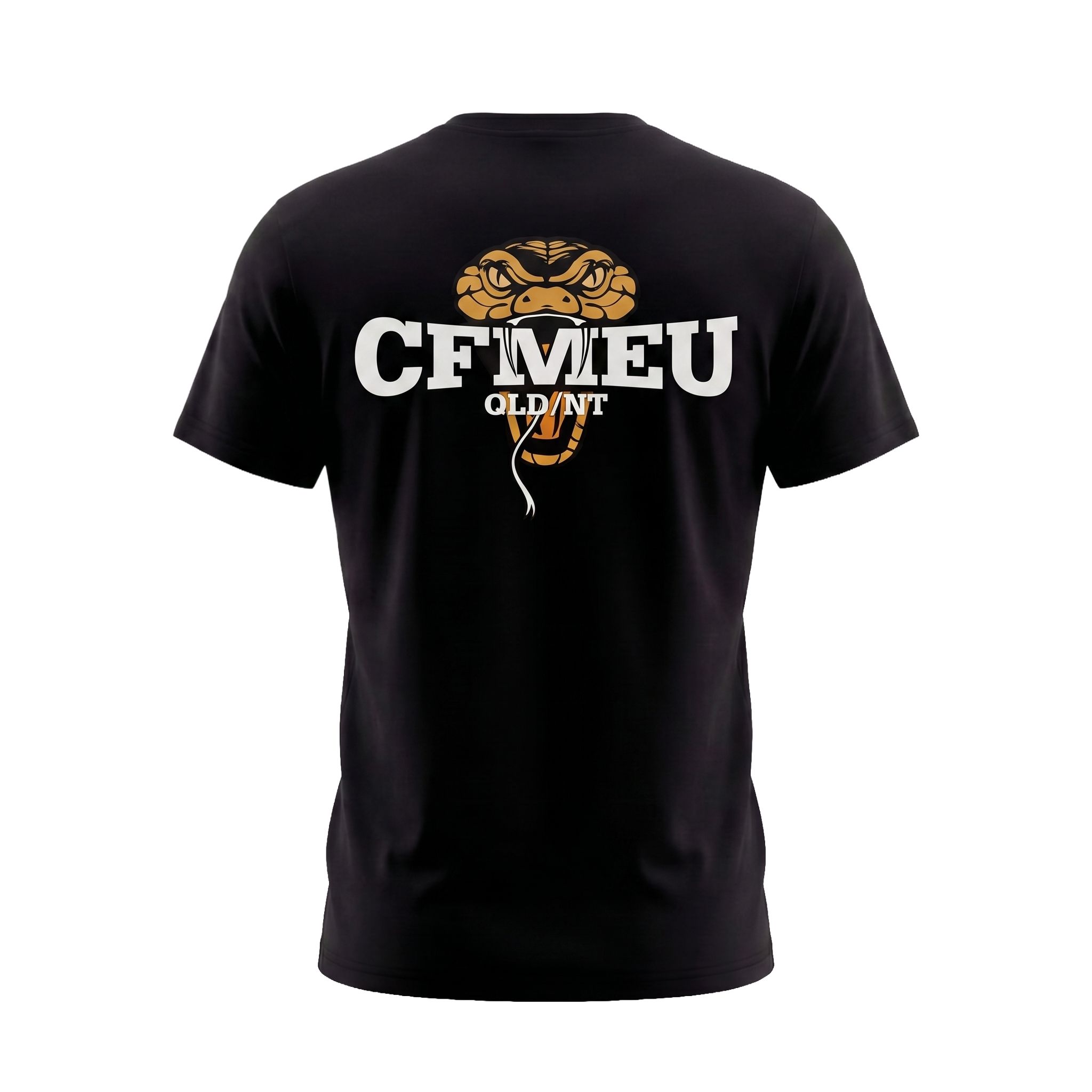 Back view of a black t-shirt with a gold cobra graphic and large white bold text beneath it.