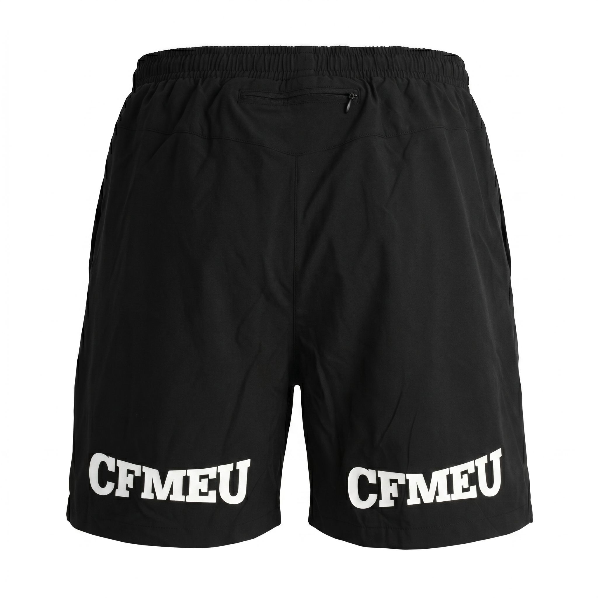 Two black athletic shorts side by side, each with bold white text along the lower leg reading 'CEMEU'.