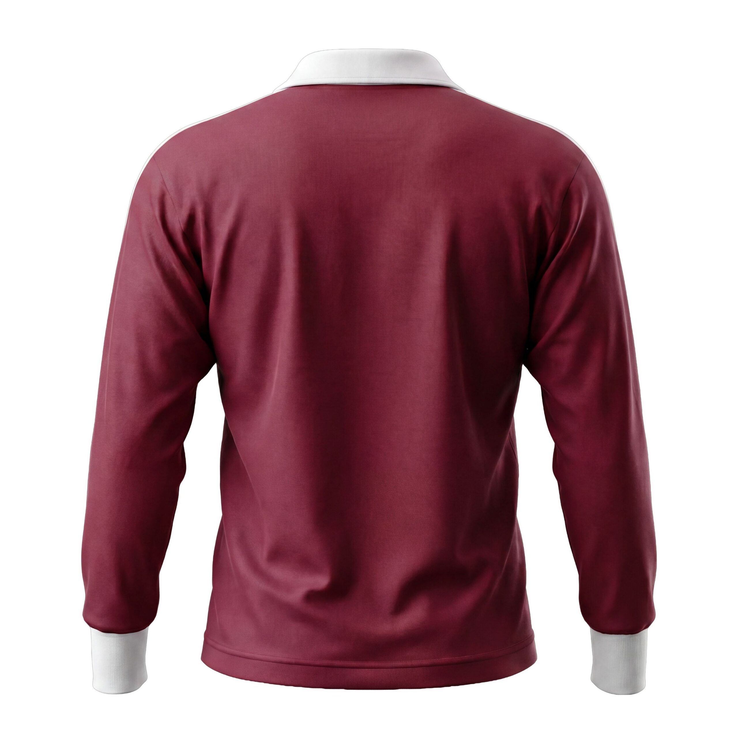 Back view of a burgundy satin jacket with white collar and cuffs against a white background.