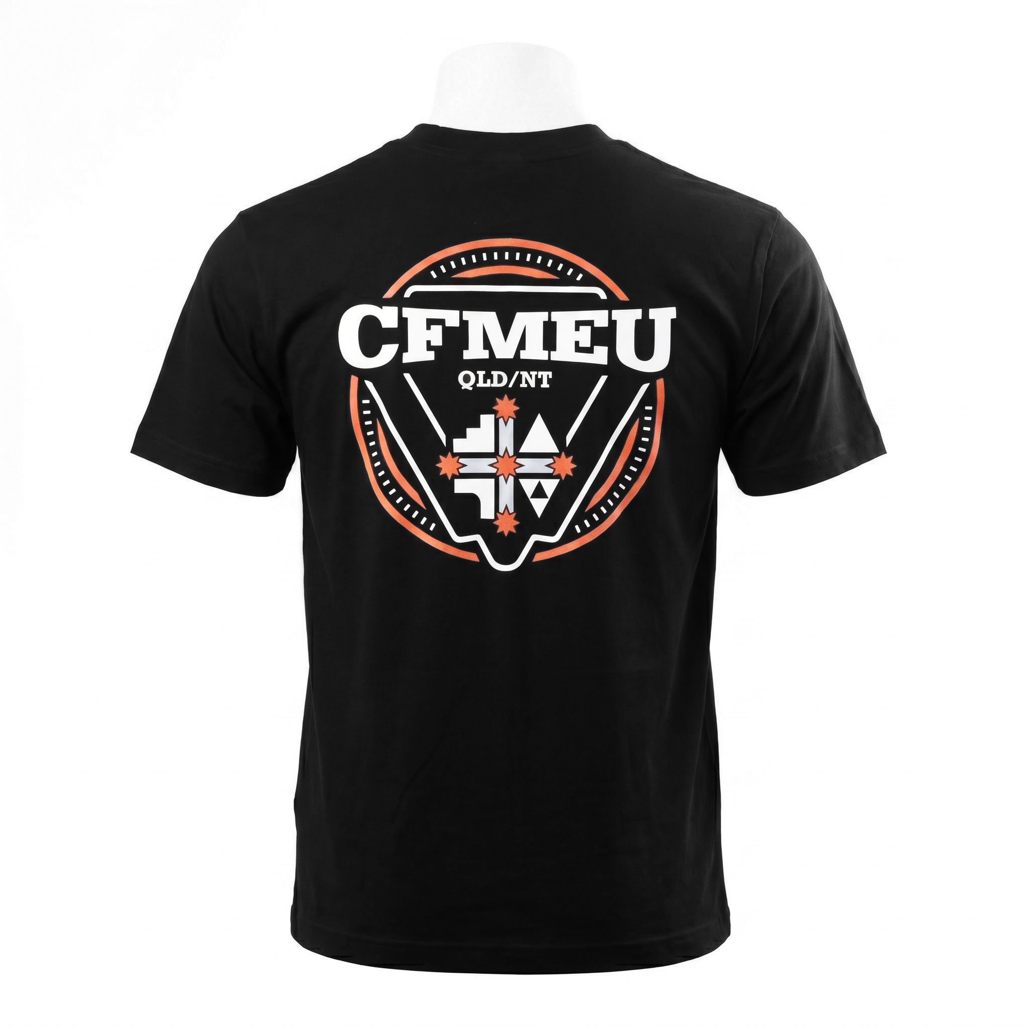 Back view of a black T-shirt with a large orange-and-white circular emblem and CFMEU text on the chest area of the design.