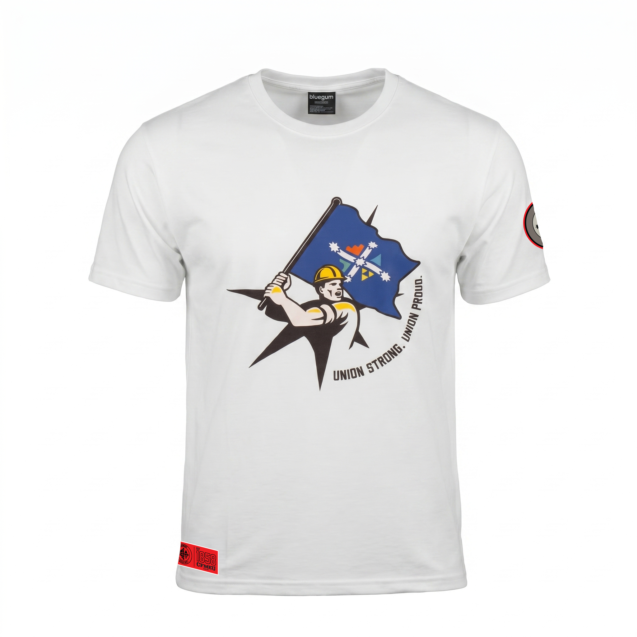 White T-shirt with a colorful graphic of a worker holding a flag and the curved text 'UNION STRONG' around the design; red tag near the bottom-left hem.