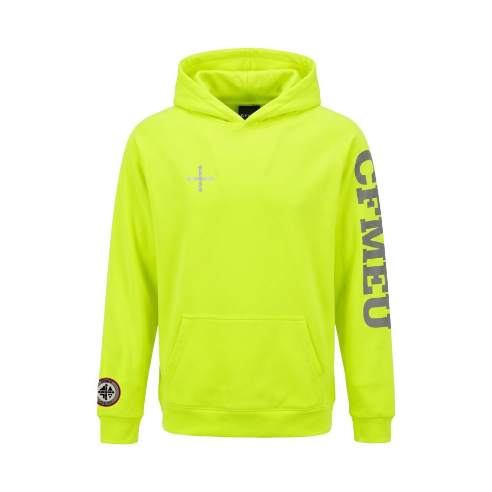 Neon yellow hoodie shown from the front with a front pocket and a circular patch on the left sleeve.