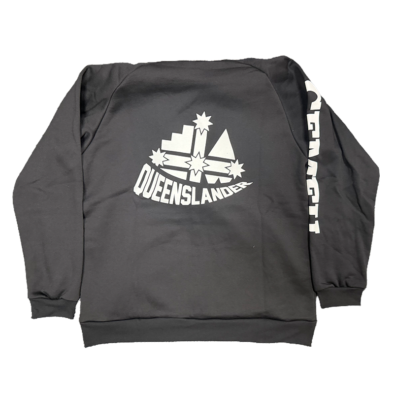 Dark gray crewneck sweatshirt with a large white'QUEENSLANDER' graphic on the back and white text down the sleeve.