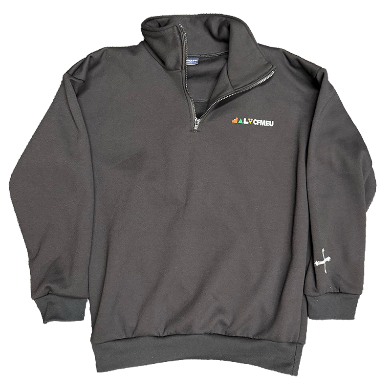 Dark gray zip-neck fleece sweatshirt with a small left-chest logo and a white cross motif on the right sleeve.