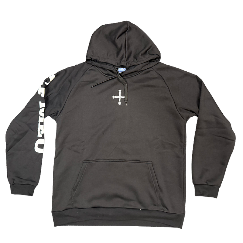 Black hoodie with a small cross emblem on the chest, white lettering along the left sleeve, and a front pocket under the waist.