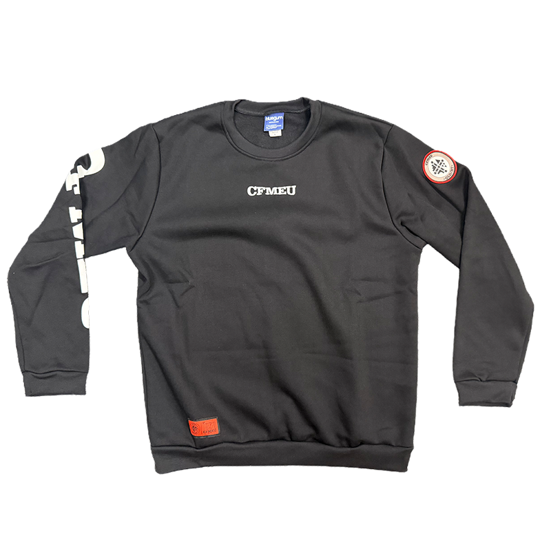 Dark gray crewneck sweatshirt with 'CFMEU' logo on the chest, white text along the left sleeve, a circular patch on the right sleeve, and an orange tag near the hem.