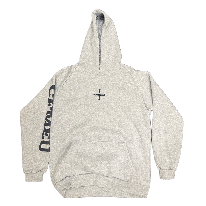 Gray hoodie with a small cross graphic on the chest and black vertical text along the left sleeve.