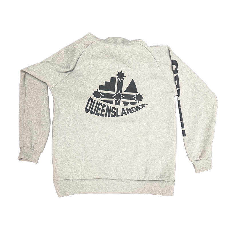 Grey hoodie with a black Queenslander graphic on the back, featuring architectural shapes and stars.