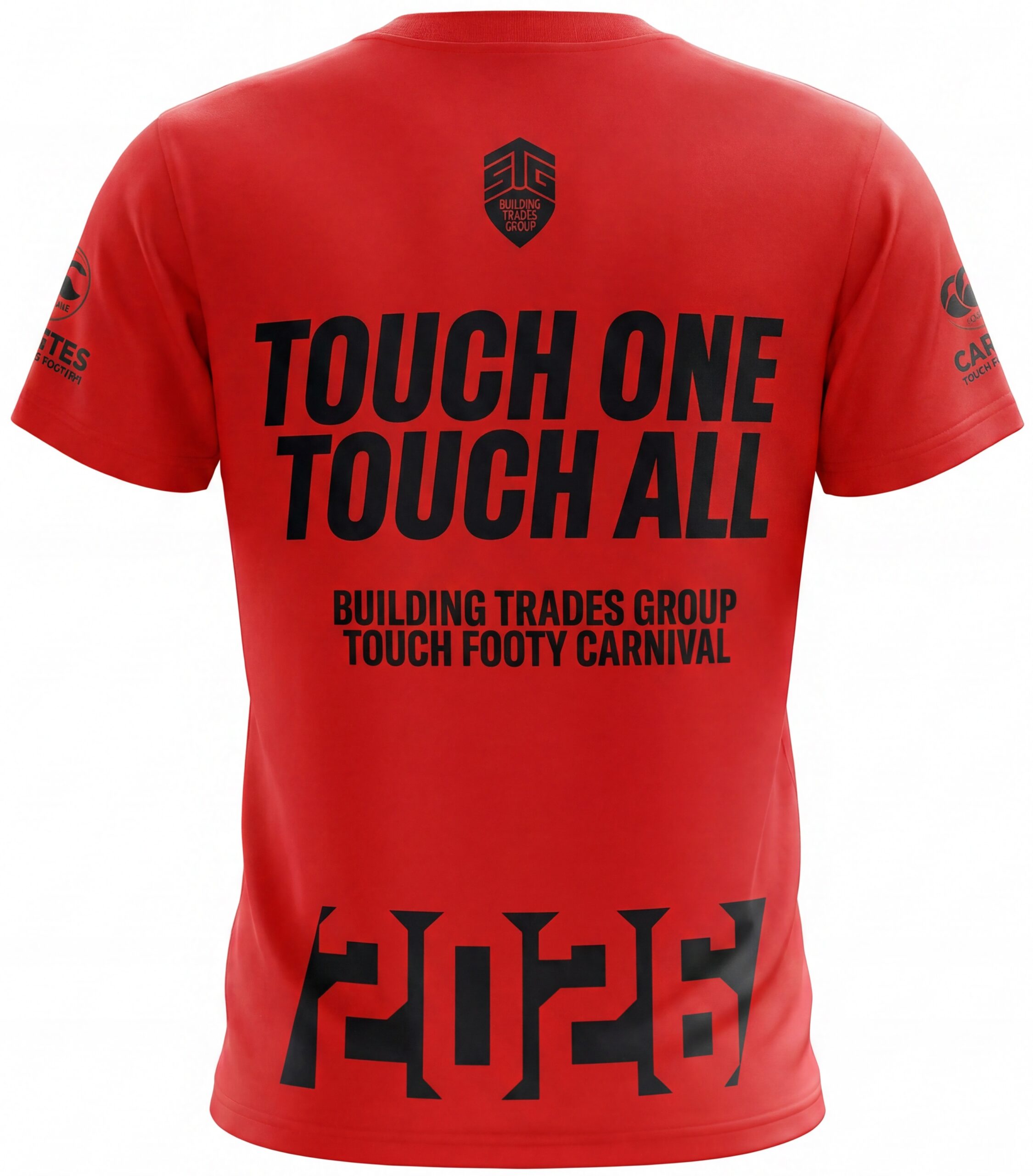 Back of red T-shirt featuring large black text 'TOUCH ONE TOUCH ALL' with a small shield logo reading 'BUILDING TRADES GROUP' on the upper back and sleeve logos on both arms