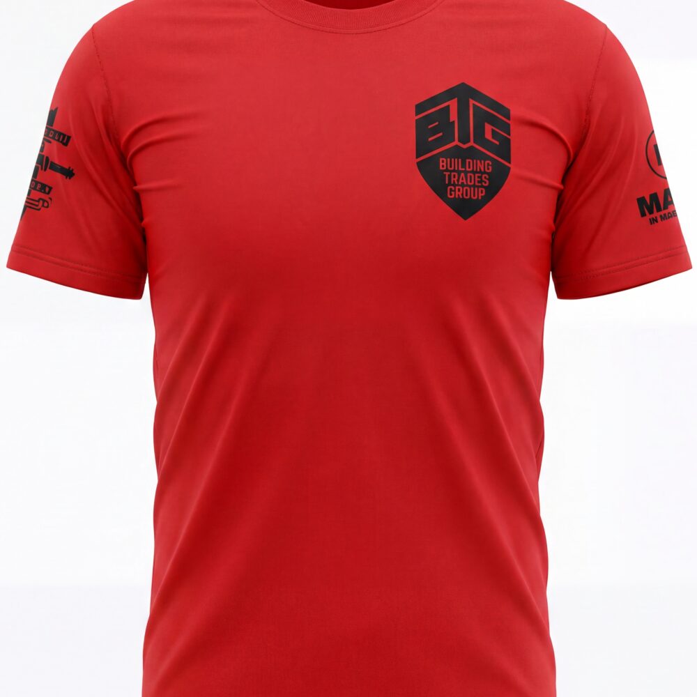 Red short-sleeve shirt with a black shield logo on the left chest reading 'BUILDING TRADES GROUP'; black print extends to the left sleeve with tool icons.