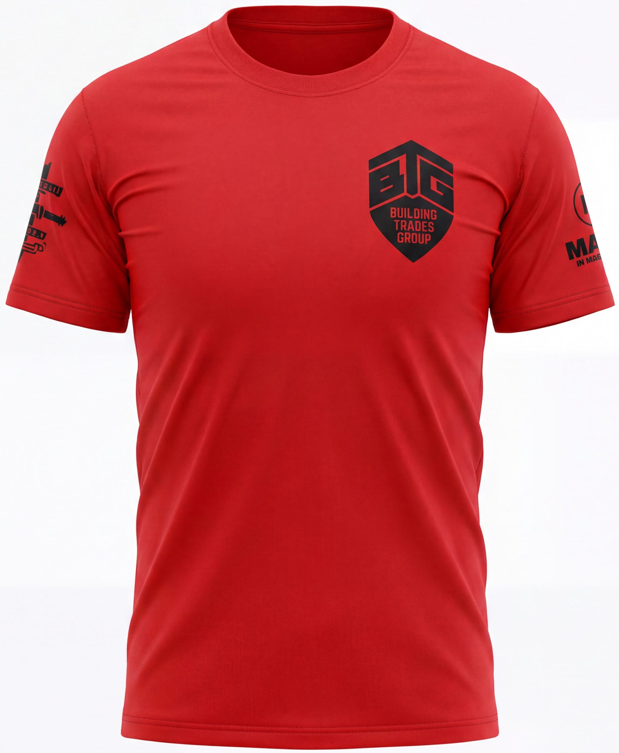 Red T-shirt with a black shield logo reading 'BUILDING TRADES GROUP' on the chest.
