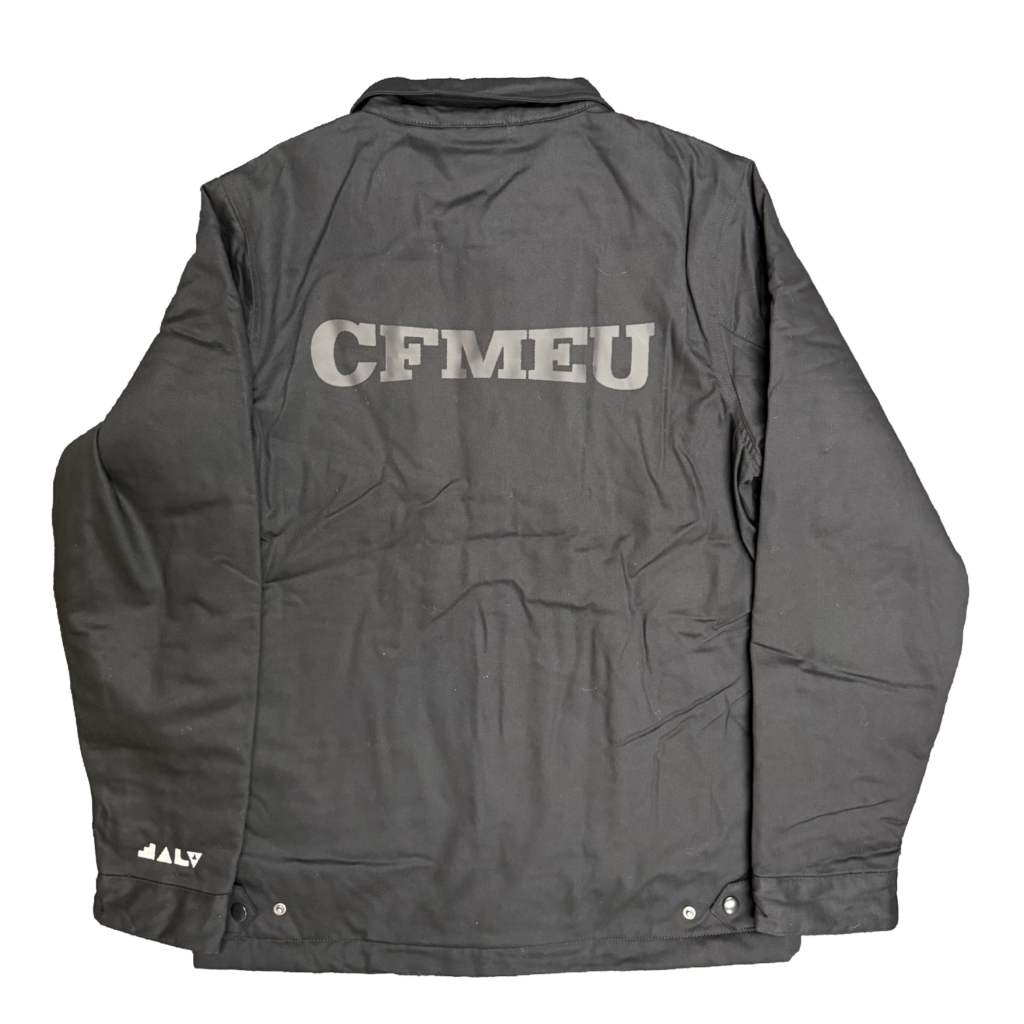 Back of a dark gray jacket with large white CFMEU lettering across the upper back.