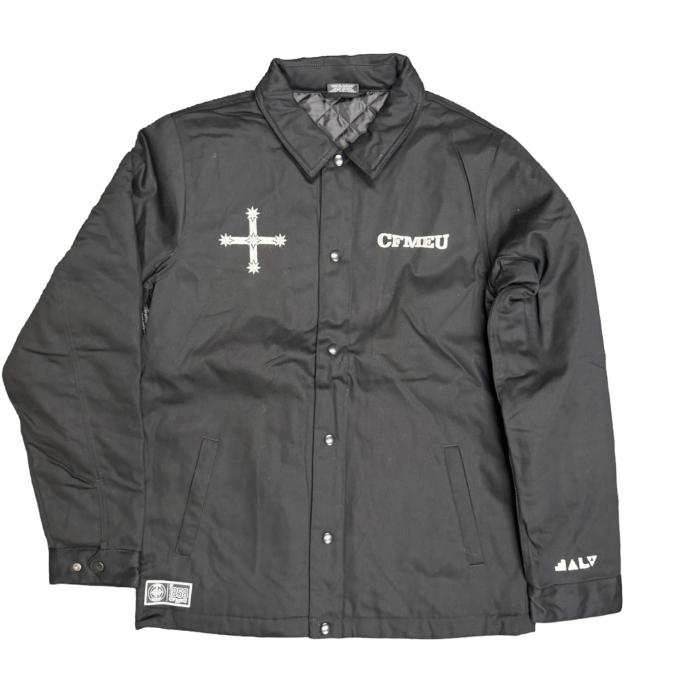 Black jacket with a white cross emblem on the left chest and 'CFMEU' text on the right chest; snap-front buttons and quilted inner collar visible.