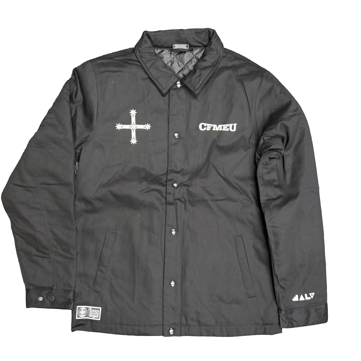 Black jacket with a white cross emblem on the left chest and 'CFMEU' text on the right chest; snap-front buttons and quilted inner collar visible.