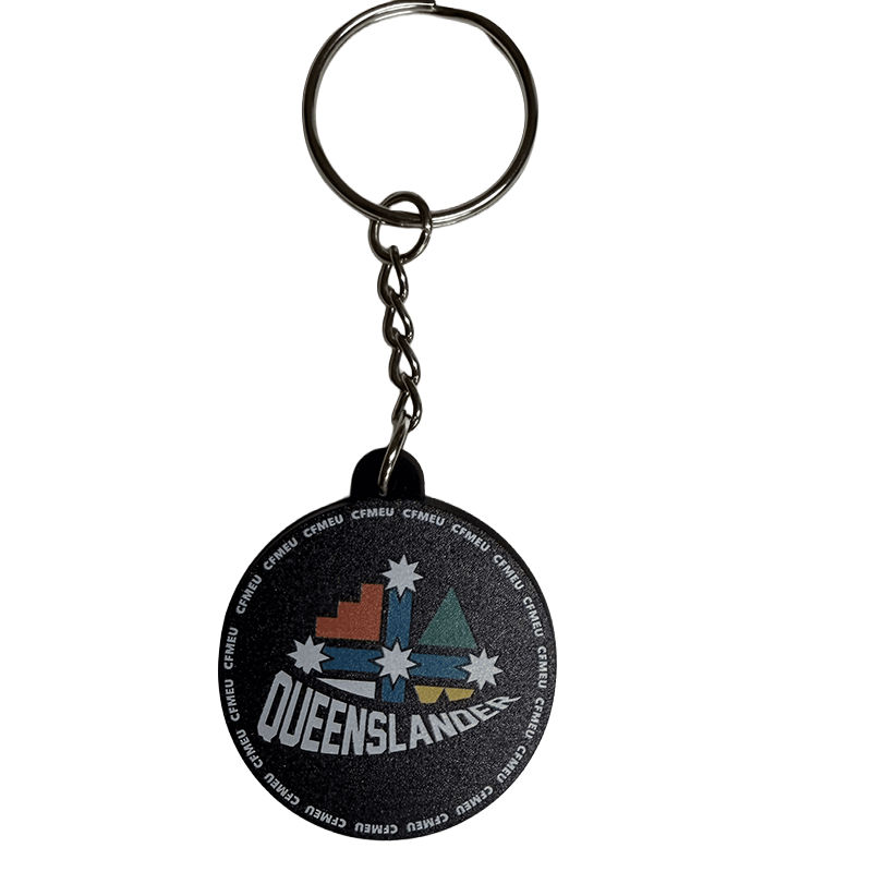 Round black keychain badge with the Queenslander logo, bordered by 'CFMEU' text, attached to a metal ring and chain.