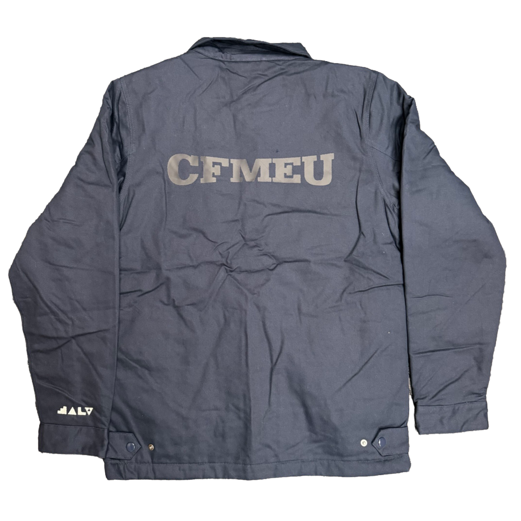 Rear view of a navy jacket with a bold'CFMEU' logo across the back and a small 'ALV' marking on the left cuff/sleeve area.