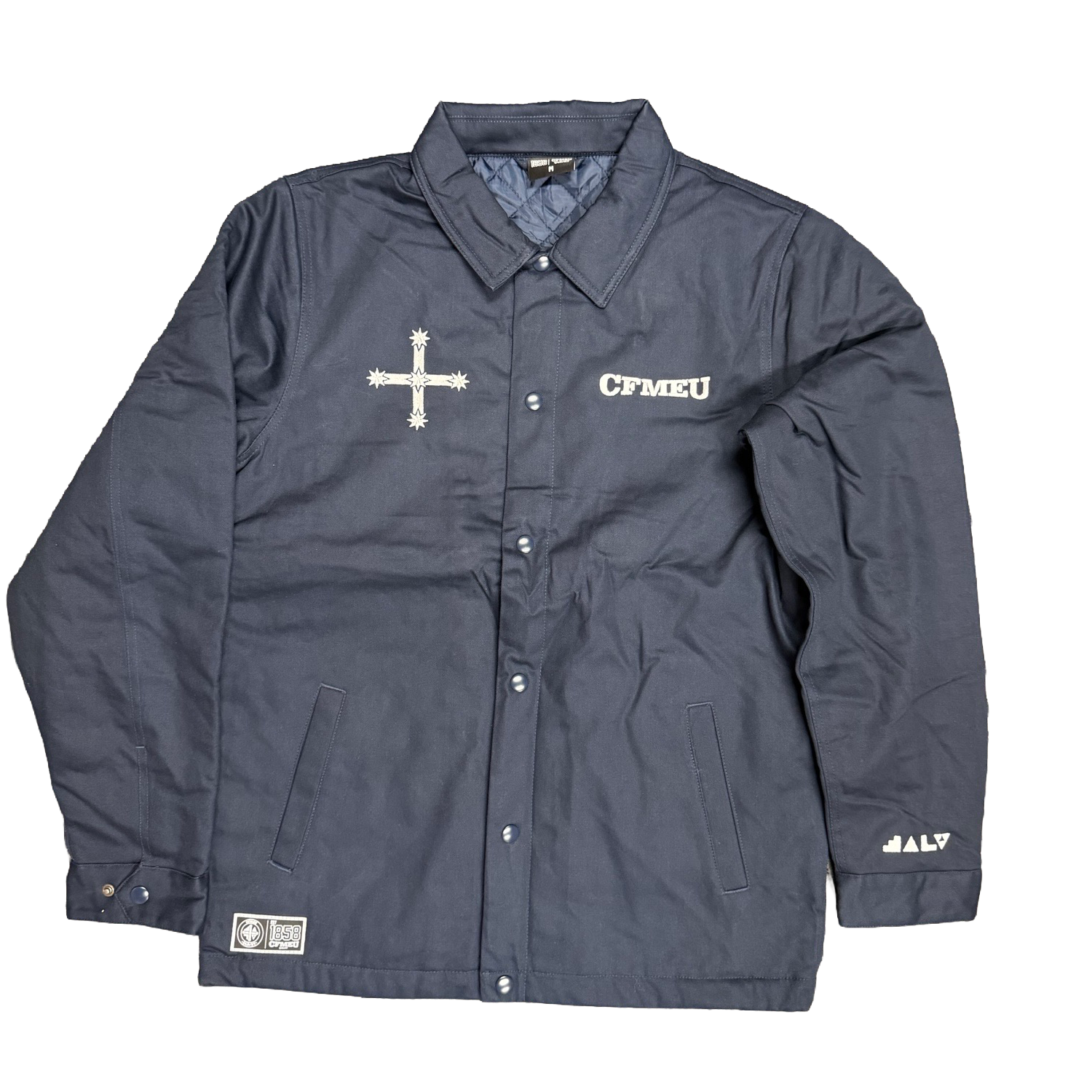 Navy blue jacket with a cross-star emblem on the left chest and 'CFMEU' text on the right chest, front view with snap buttons and collar