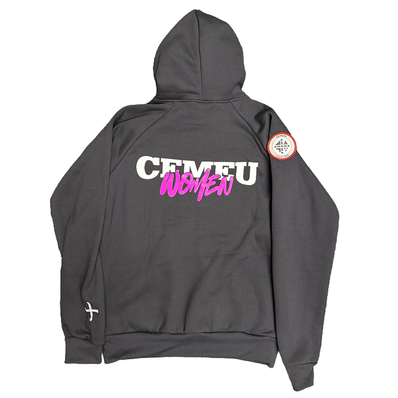 Back view of a black hoodie with a bold white'CEMEU' and pink 'WOMEN' graphic on the back; circular patch on the right sleeve and a small white cross emblem on the left cuff.