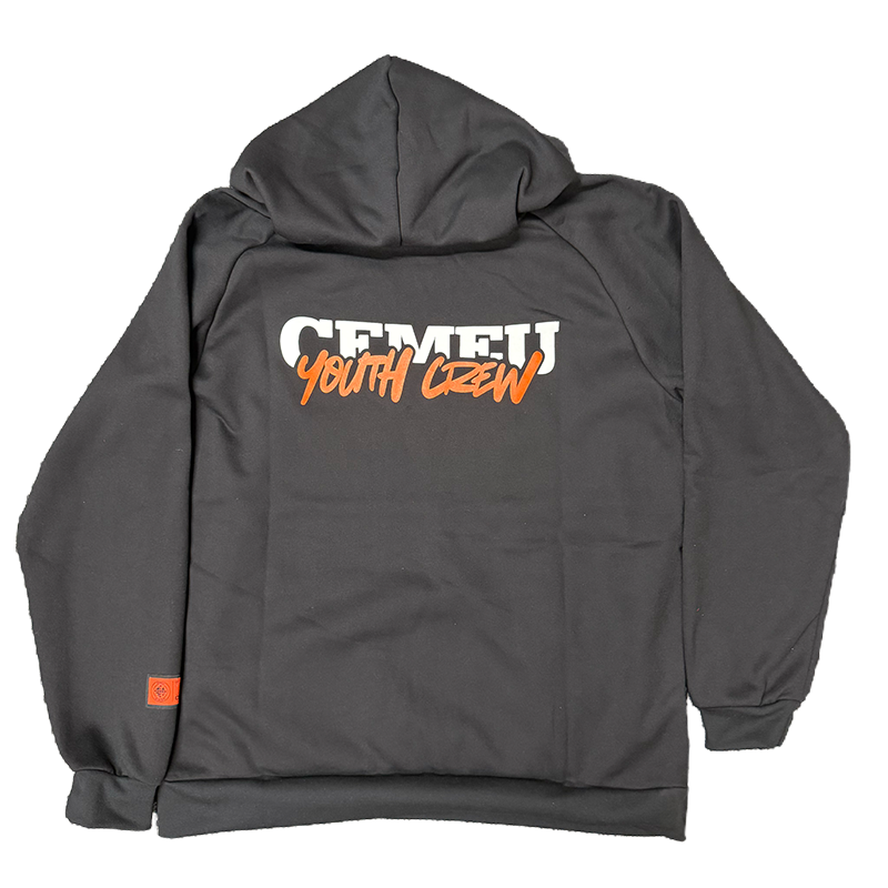 Back view of a dark gray hoodie with white 'CEMEJI' text and orange 'Youth Crew' script across the upper back; orange tag near the lower left hem.