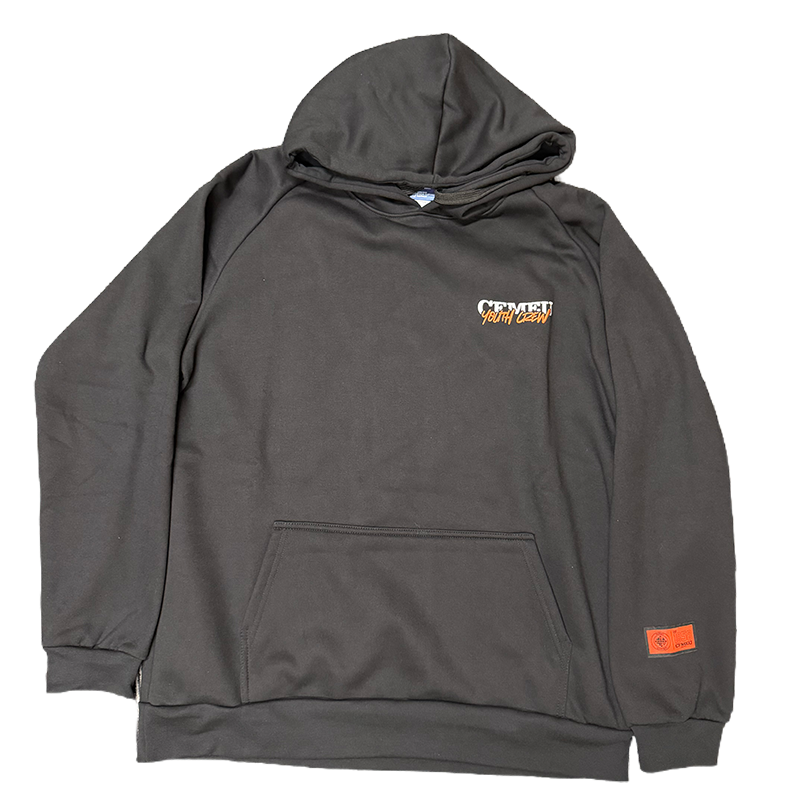 Dark gray hoodie with a front kangaroo pocket and a small orange-and-white 'Youth Crew' graphic on the chest.
