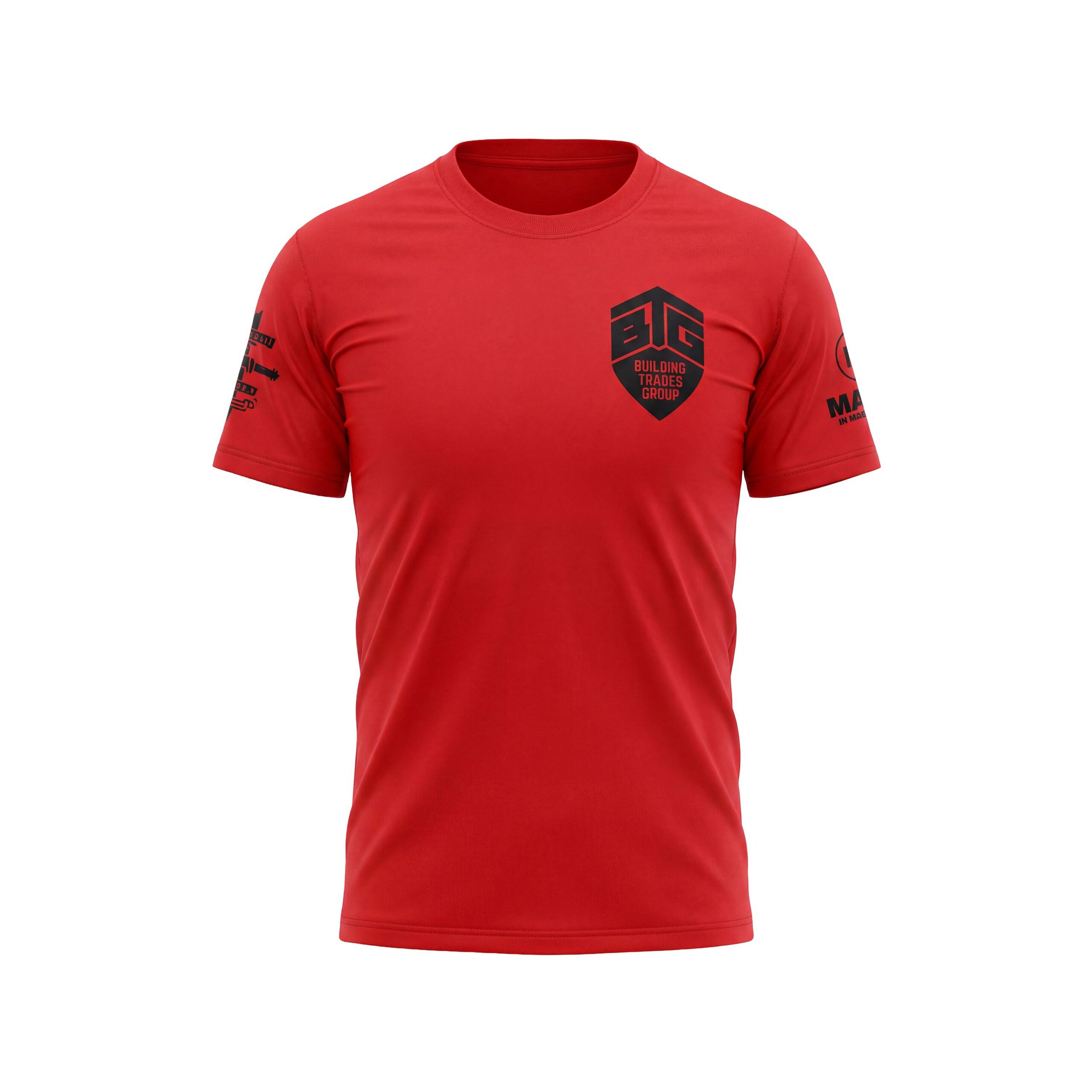 Red T-shirt with a black Building Trades Group logo on the chest and additional logos on the sleeves.