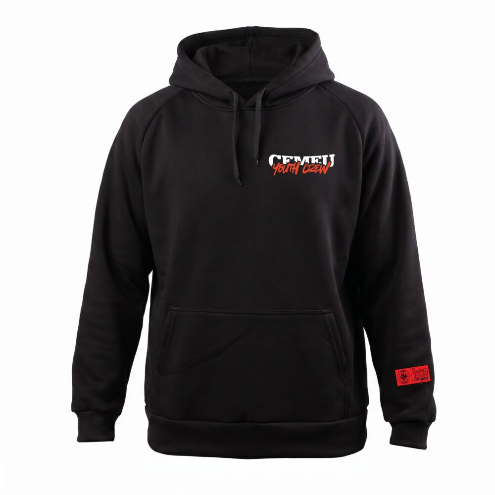 Black pullover hoodie with a drawstring hood, shown from the chest up, featuring a red rectangular patch with a crest on the lower right sleeve.