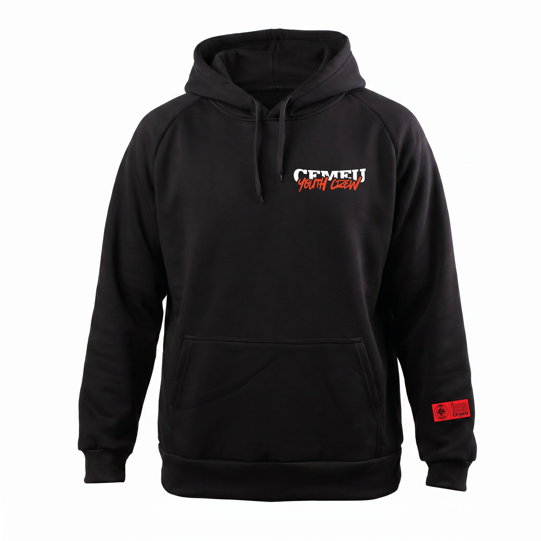 Black pullover hoodie with a drawstring hood, shown from the chest up, featuring a red rectangular patch with a crest on the lower right sleeve.