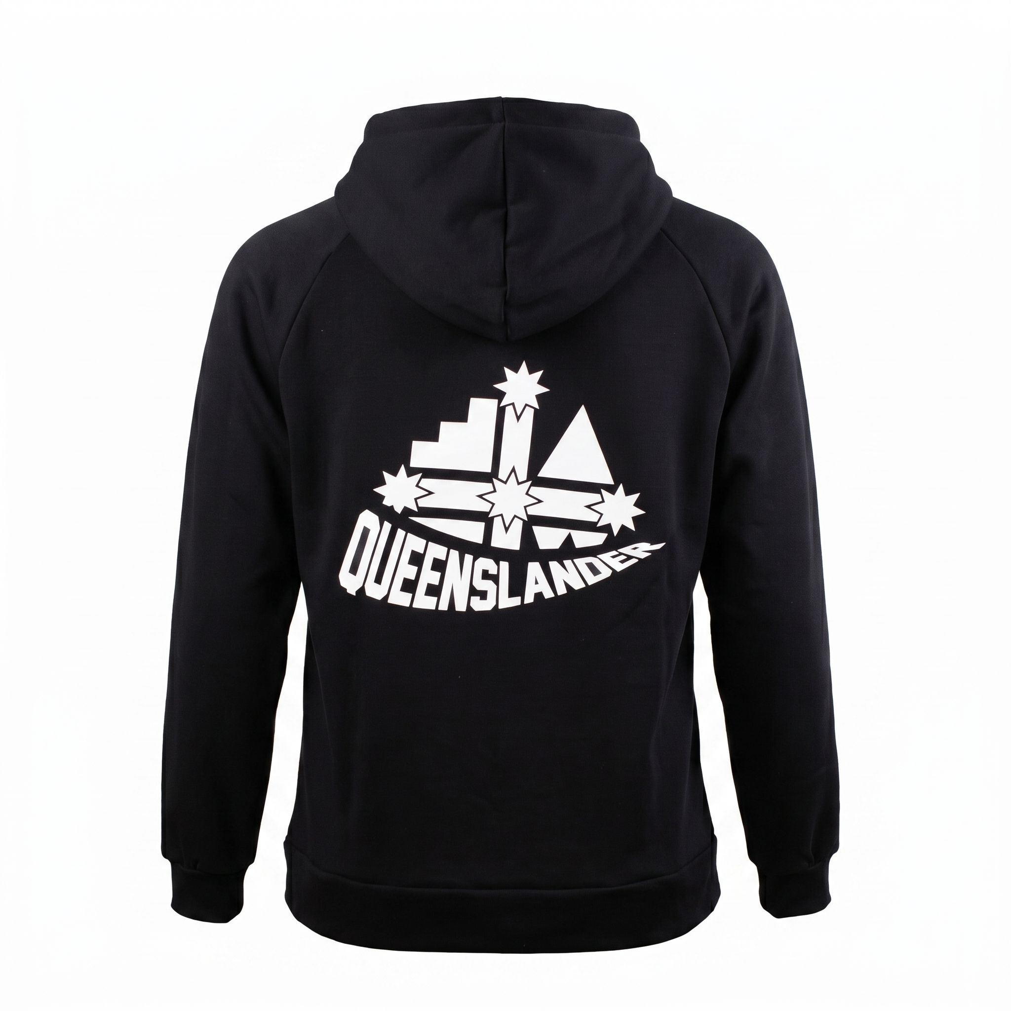 Back view of a black hoodie featuring a white geometric starburst graphic and the word QUEENSLANDER across the lower back area
