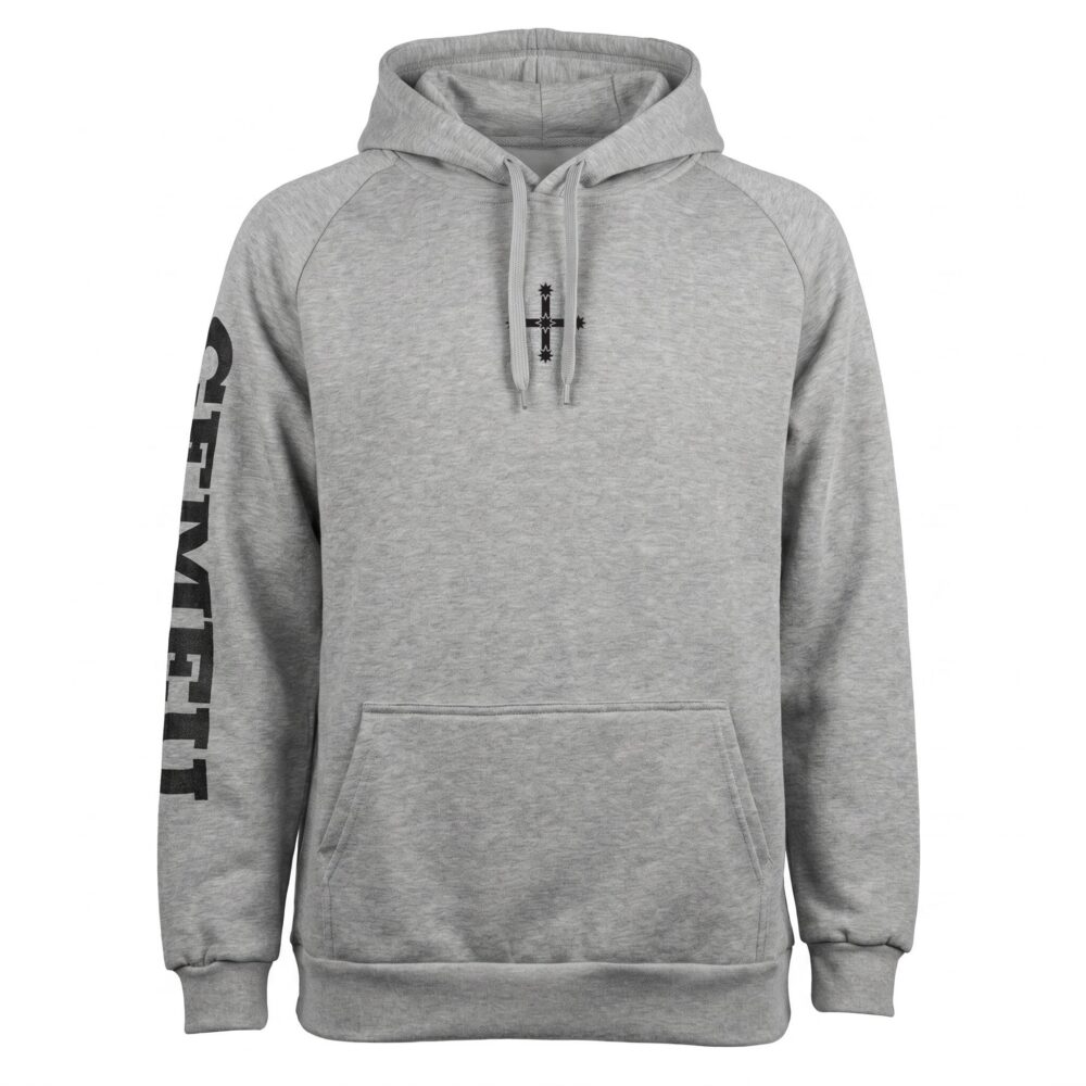Gray hoodie with drawstring hood, front pocket, and a small cross-and-star graphic on the chest; long sleeves with vertical text on the left arm.
