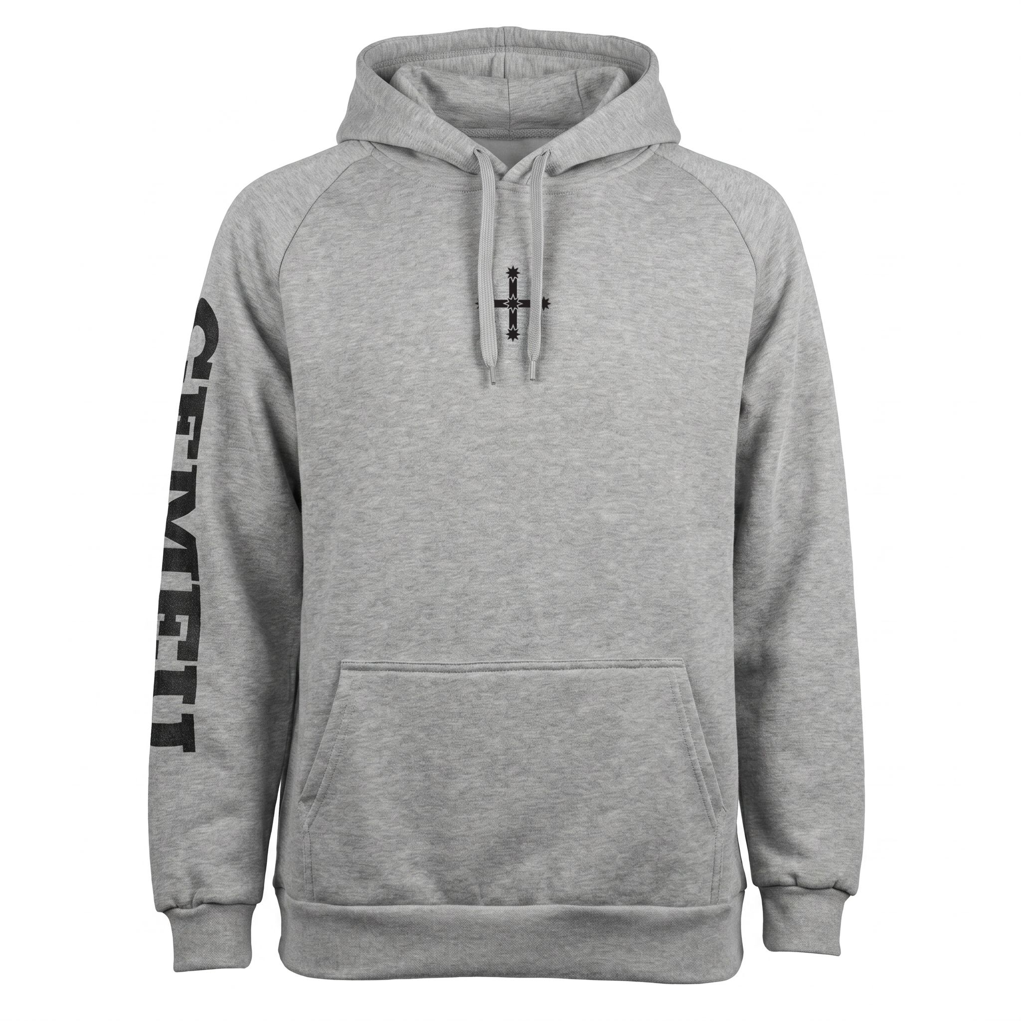 Gray hoodie with drawstring hood, front pocket, and a small cross-and-star graphic on the chest; long sleeves with vertical text on the left arm.