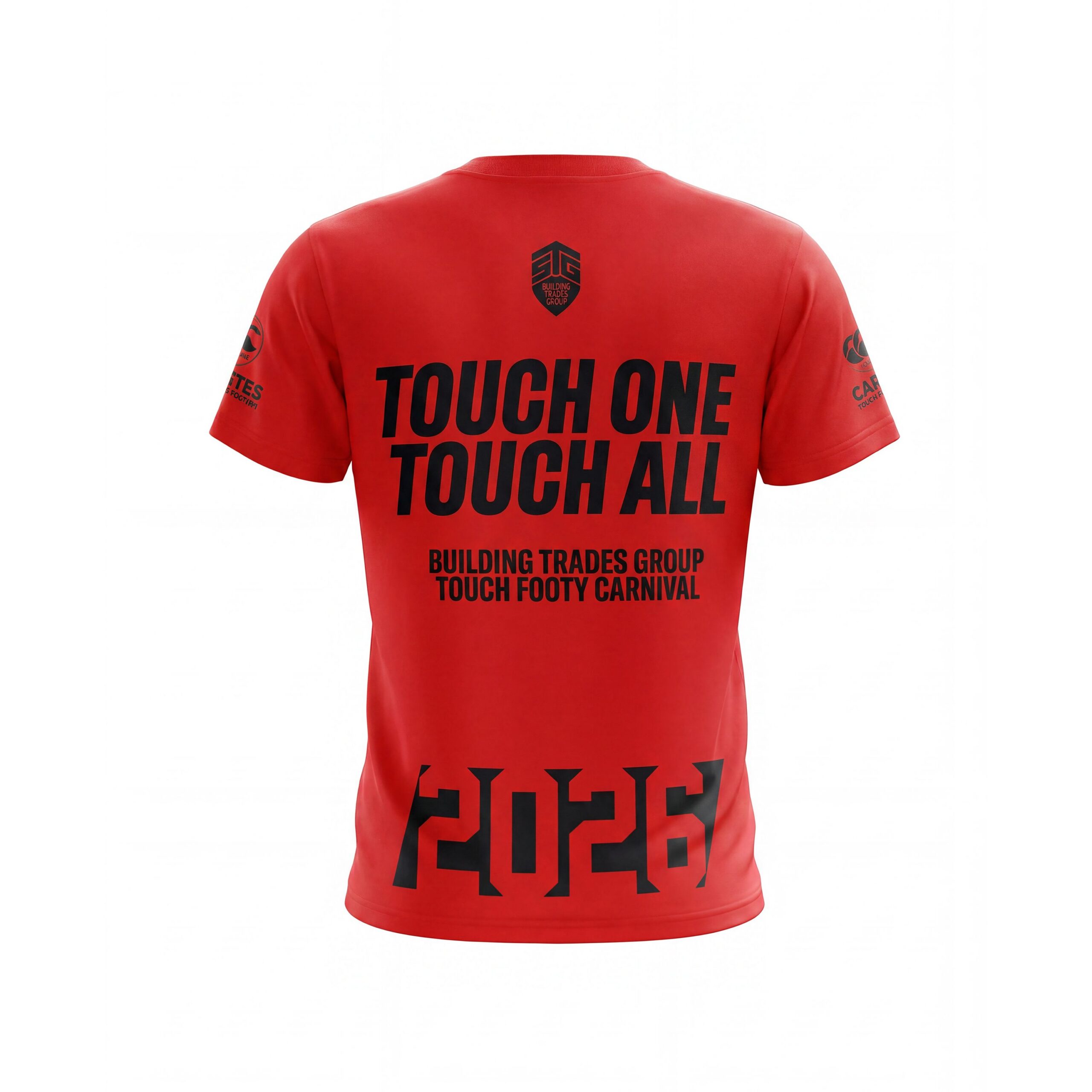 Back view of a red T-shirt with large black text reading 'TOUCH ALL' (partial) across the chest and a small shield-shaped logo for 'Building Trades Group' near the neckline on the upper back.