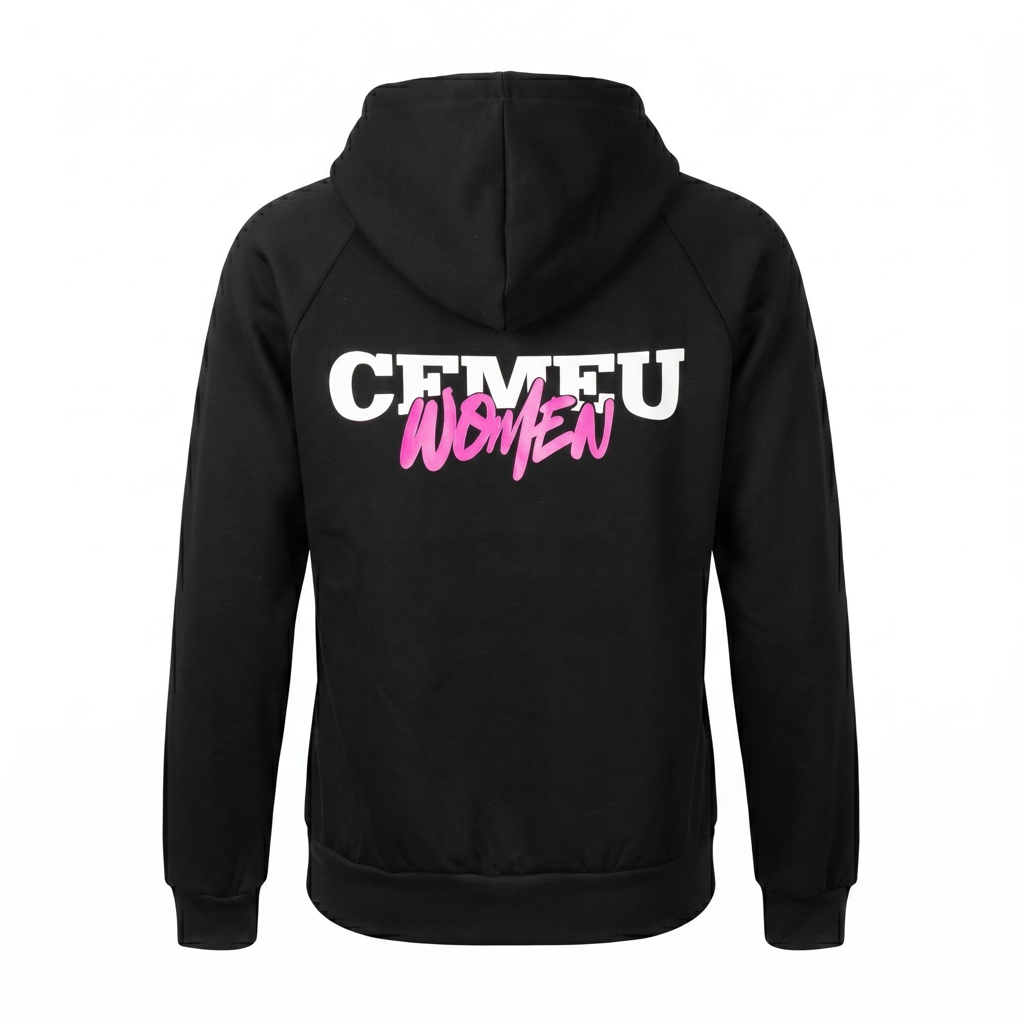 Back view of a black hoodie with bold white and pink graphic text across the upper back.