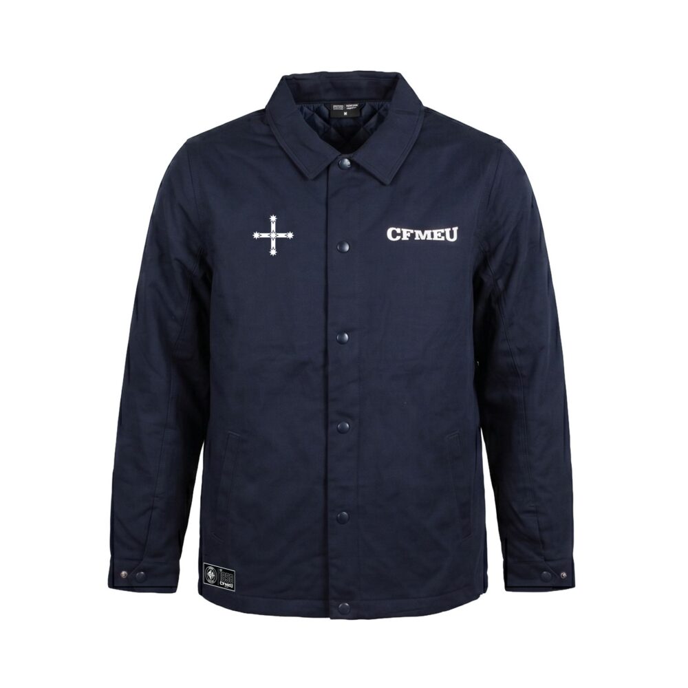 Navy work jacket with CFMEU logo on the left chest and a white cross emblem nearby.