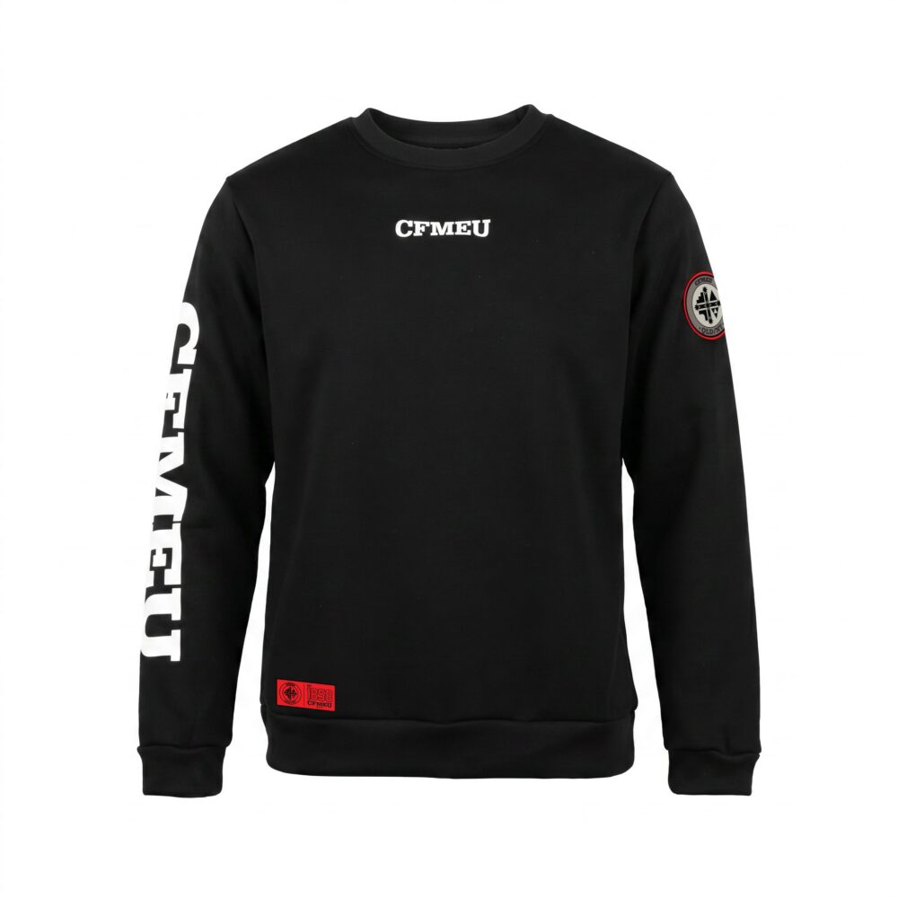 Black crewneck sweatshirt with a white CFMEU logo on the chest and a red circular patch on the left lower sleeve; bold white text runs along the left sleeve edge.