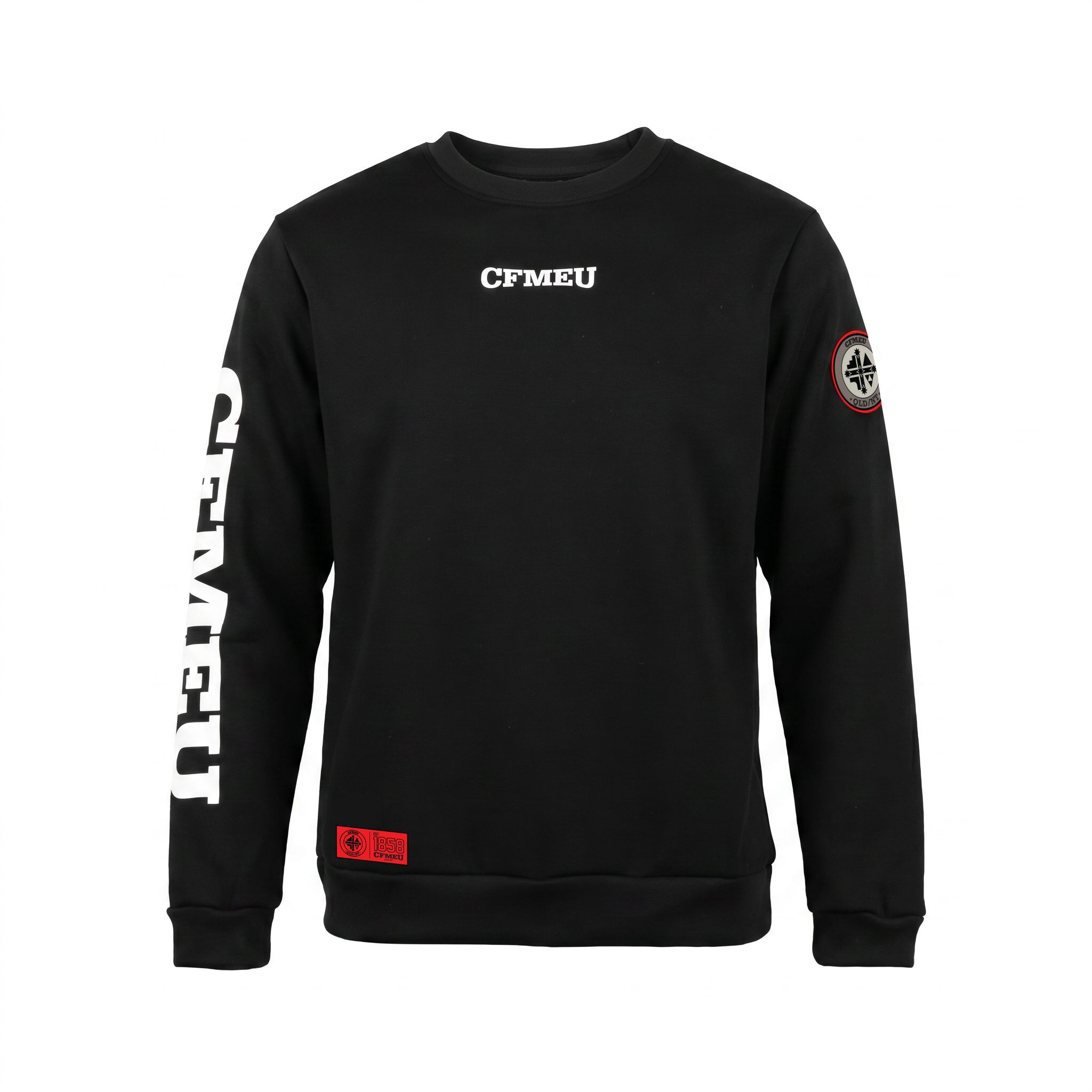 Black crewneck sweatshirt with a white CFMEU logo on the chest and a red circular patch on the left lower sleeve; bold white text runs along the left sleeve edge.