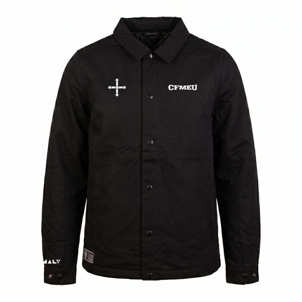 Black jacket front with CFMEU logo on the right chest and a white cross emblem on the left chest of the garment