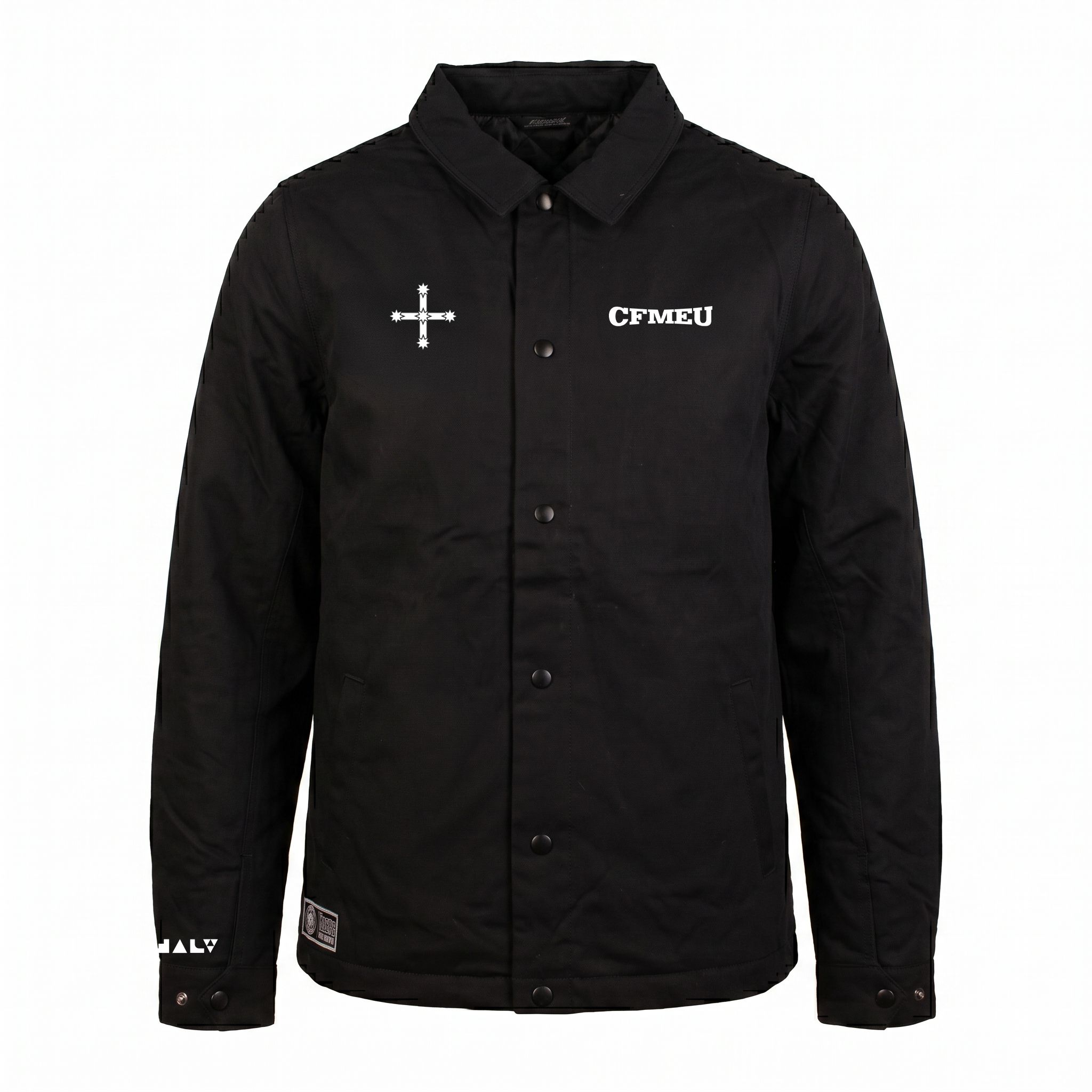 Black jacket front with CFMEU logo on the right chest and a white cross emblem on the left chest of the garment