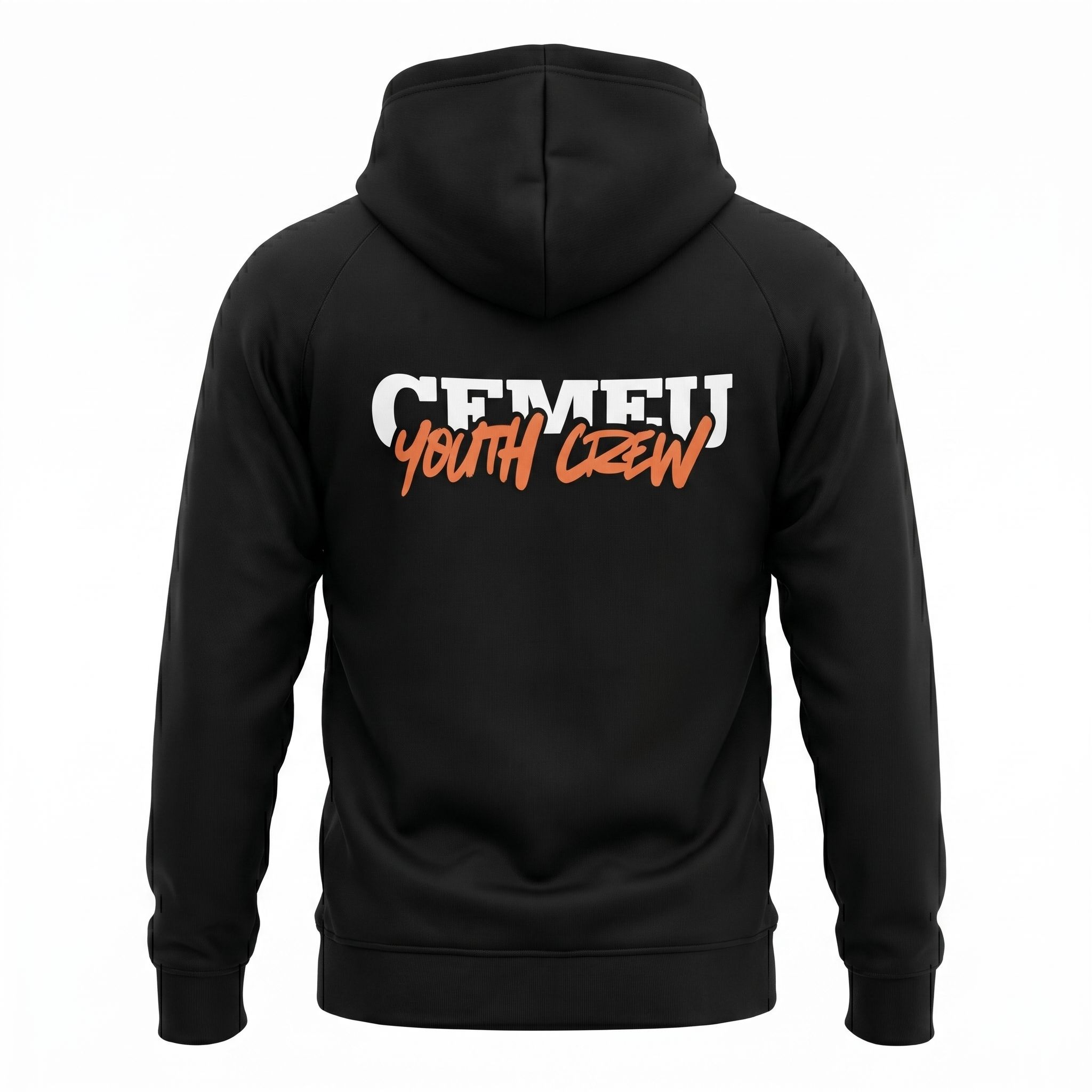 Back view of a black hoodie worn by a person, showing white block text and orange script across the lower back area.