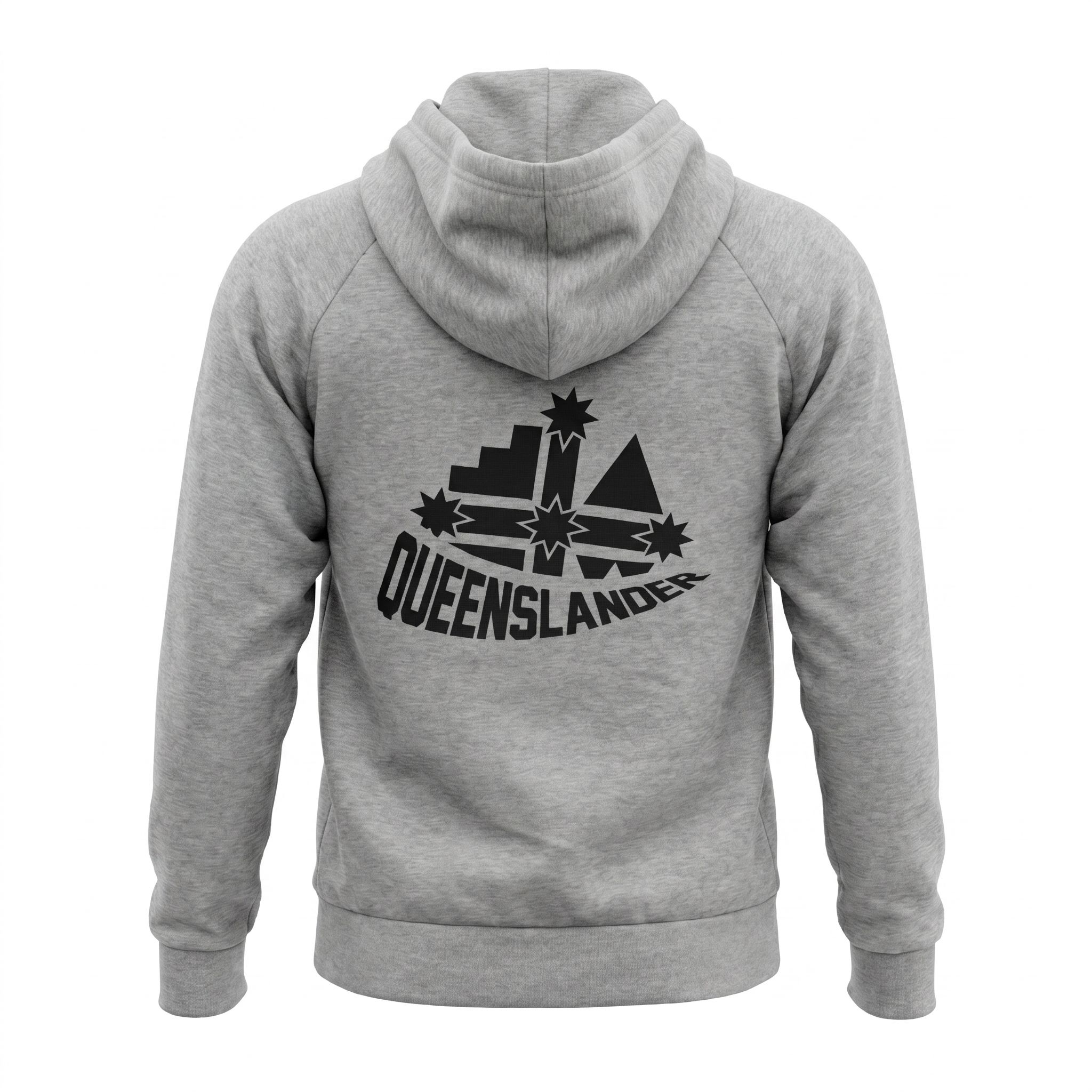 Back view of a light gray hoodie on a mannequin, featuring a large black geometric starburst graphic and the word 'QUEENSLANDER' on the front lower chest area.