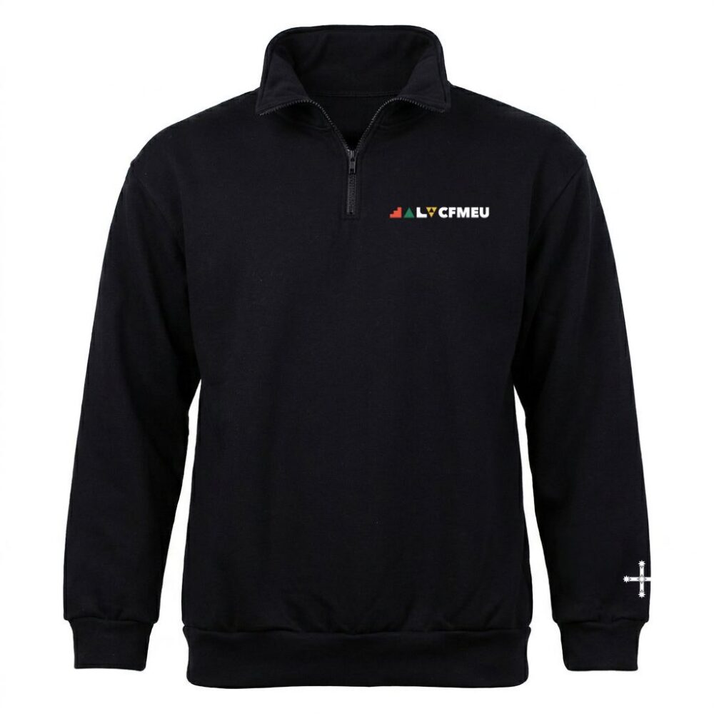 Black pullover sweatshirt with a short zipper, featuring a small colorful logo on the left chest and a white cross emblem on the right cuff.