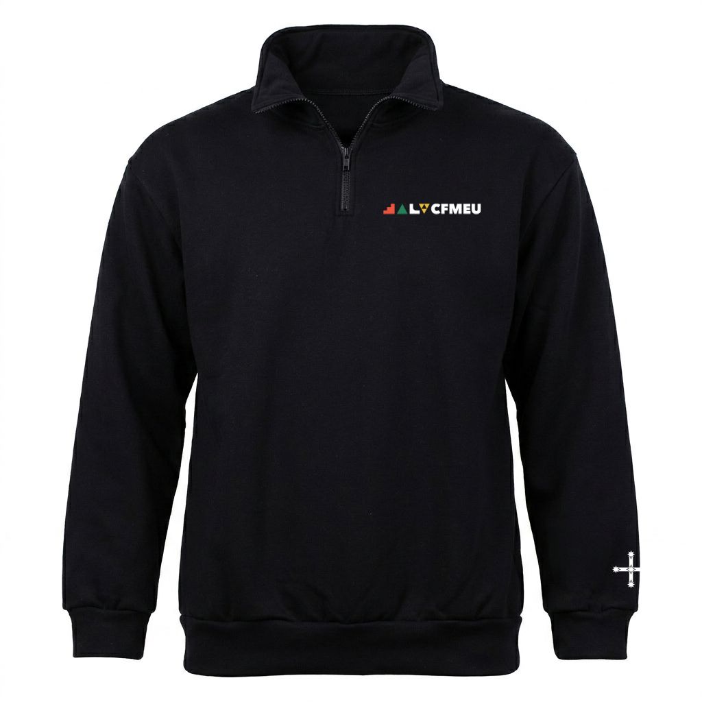 Black pullover sweatshirt with a short zipper, featuring a small colorful logo on the left chest and a white cross emblem on the right cuff.