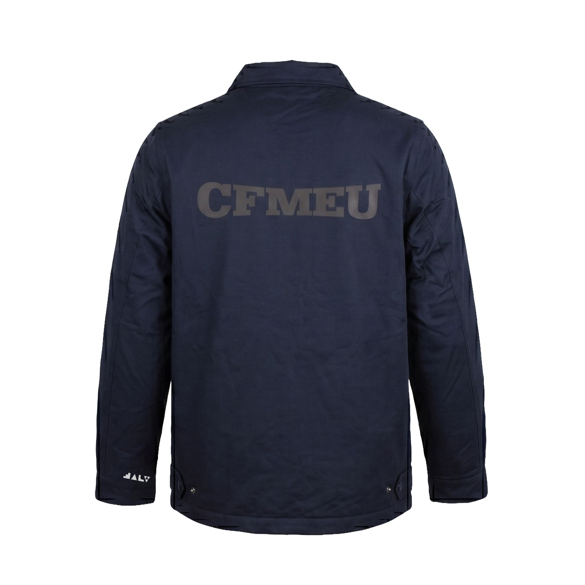 Back view of a dark blue jacket, with faint large letters on the lower back area and small logo near the hem.