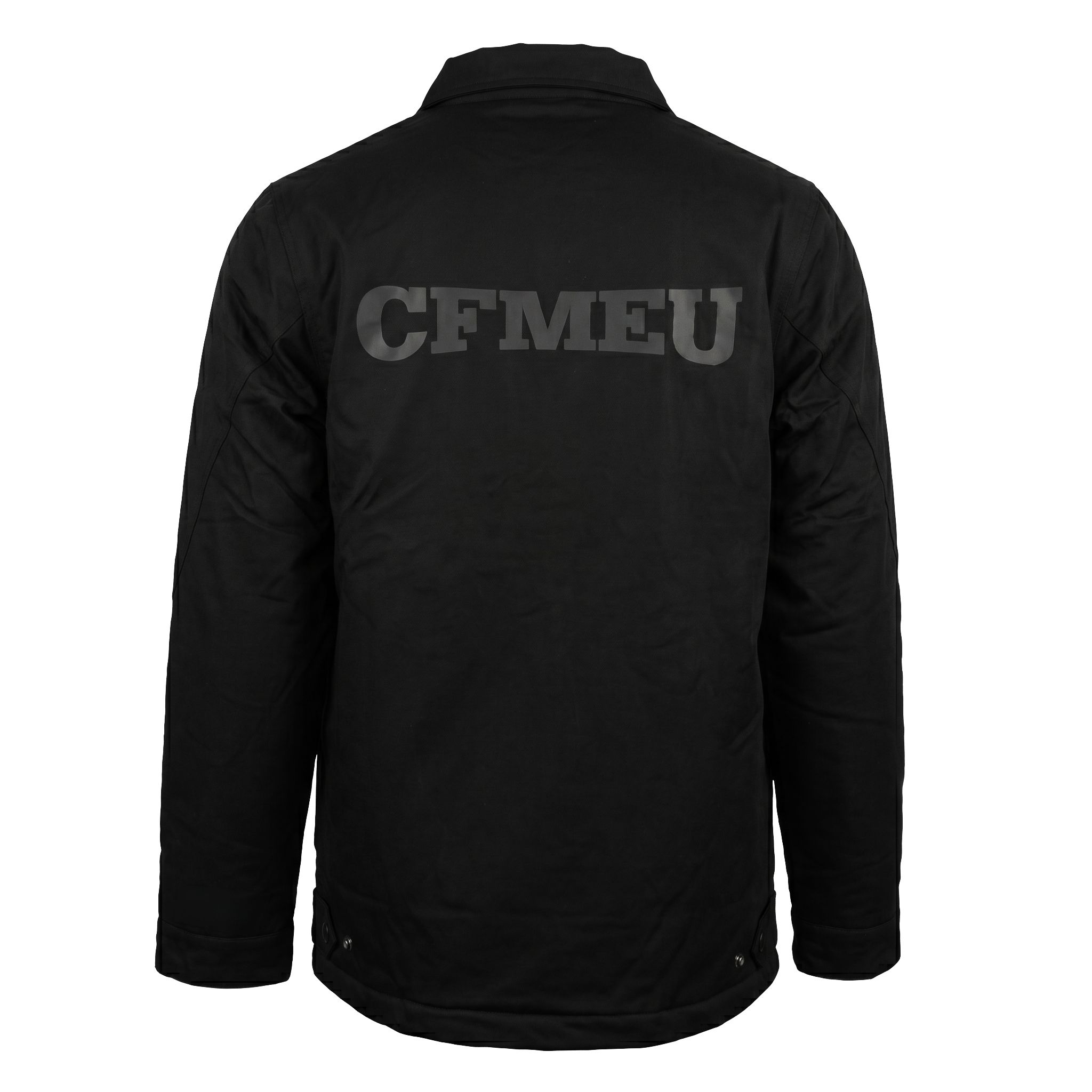 Back view of a black jacket with faint gray lettering across the upper back.