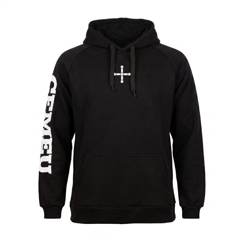 Black hoodie with a small white cross-star emblem centered on the chest and bold white text along the left sleeve, viewed from the front.