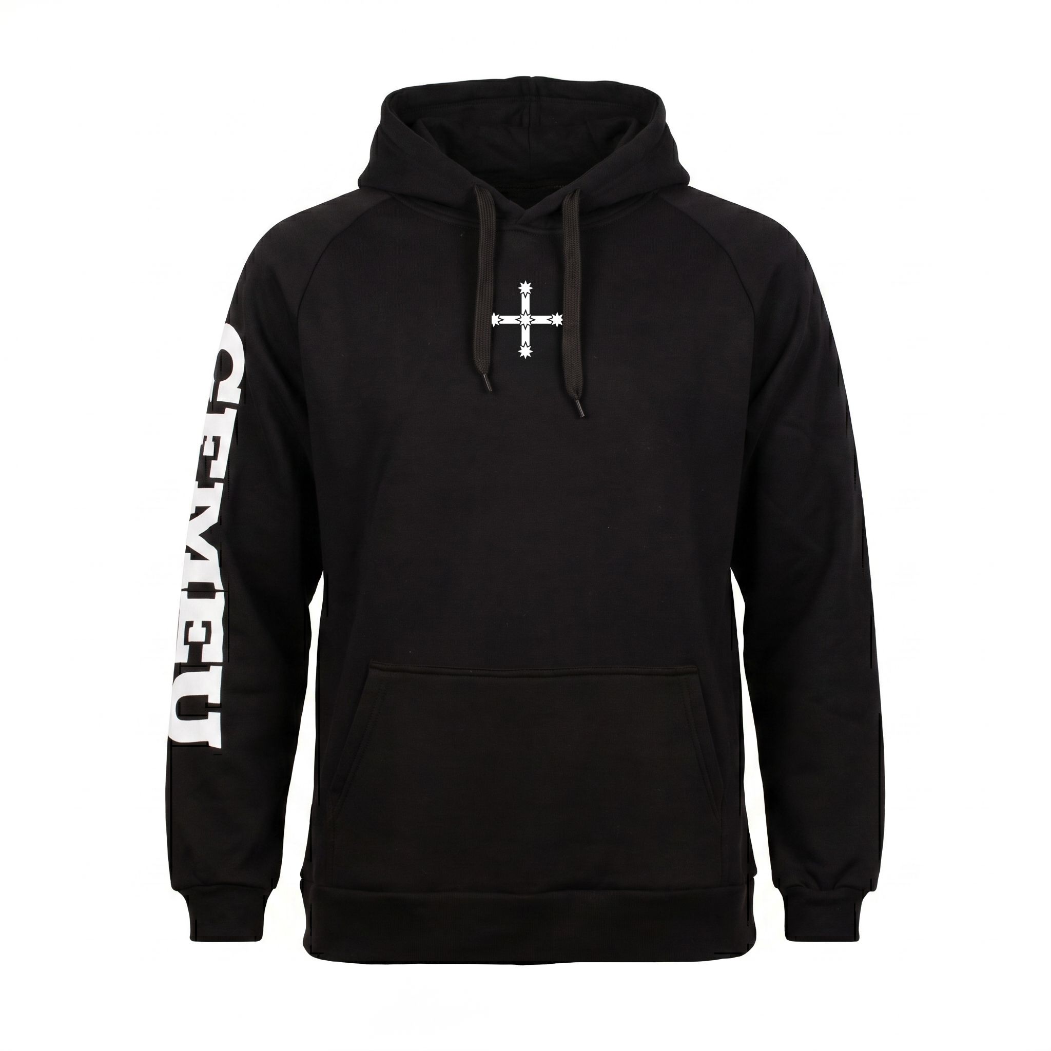 Black hoodie with a small white cross-star emblem centered on the chest and bold white text along the left sleeve, viewed from the front.