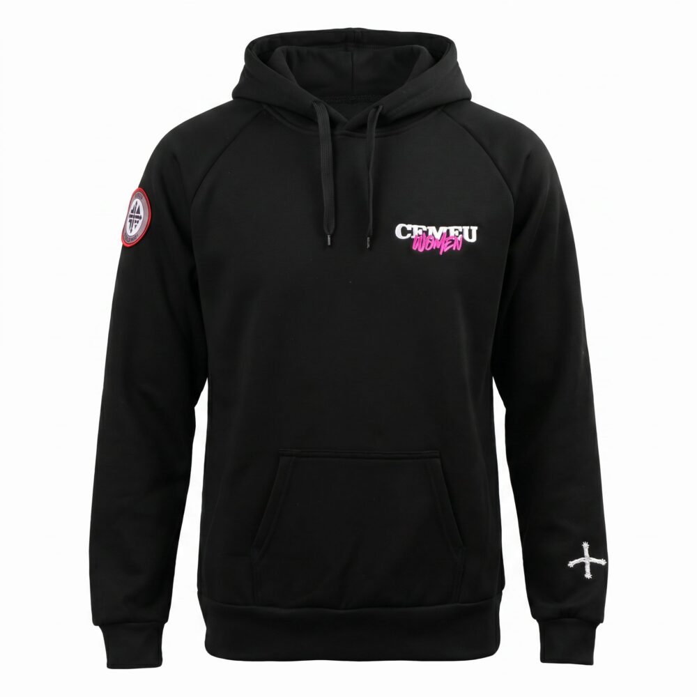 Black hoodie on a torso display with a white cross emblem on the right sleeve and a circular patch on the left sleeve; casual athletic apparel imagery
