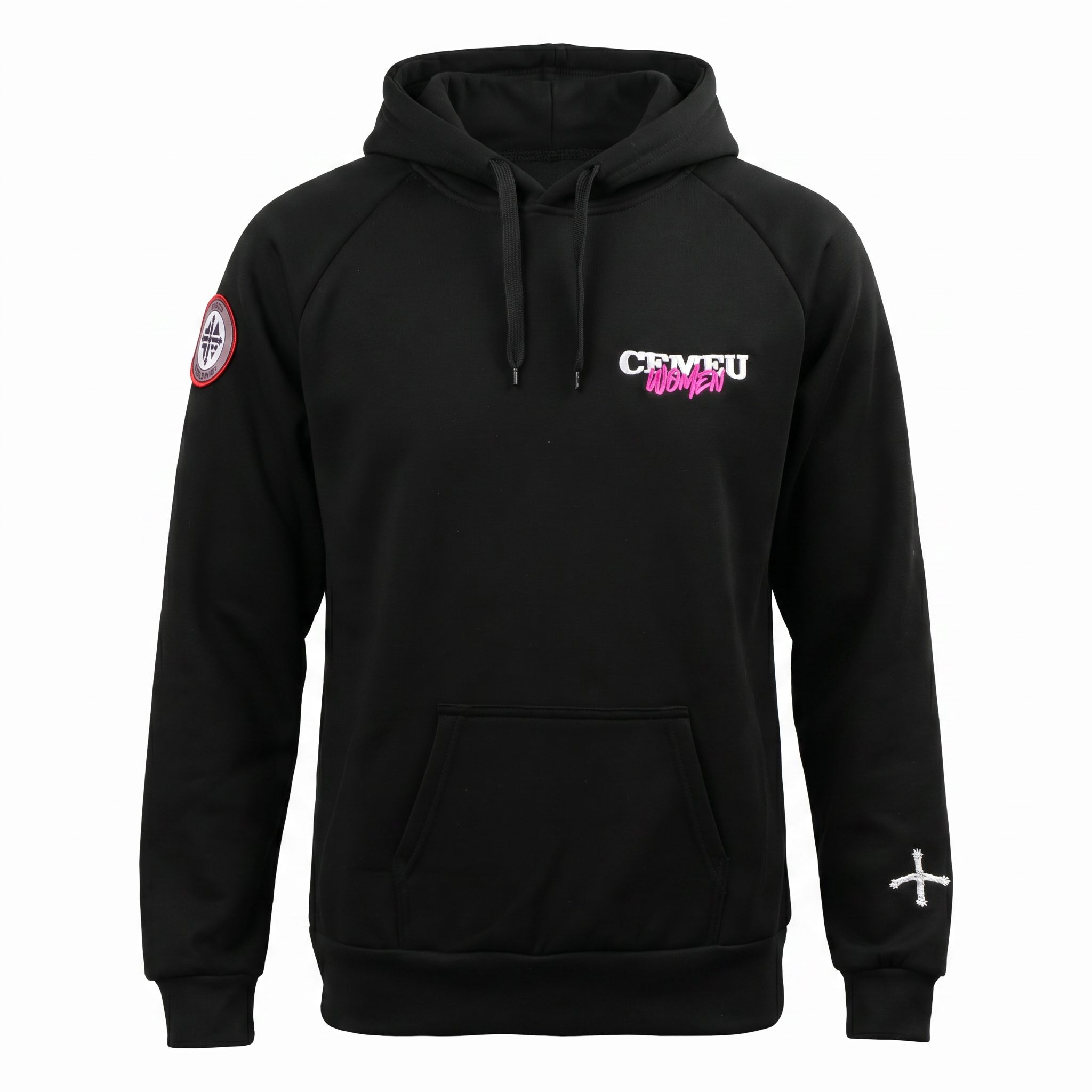 Black hoodie on a torso display with a white cross emblem on the right sleeve and a circular patch on the left sleeve; casual athletic apparel imagery